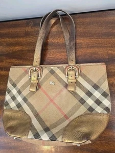 Burberry Bag Tote Check Leather Gold Red - Picture 1 of 13