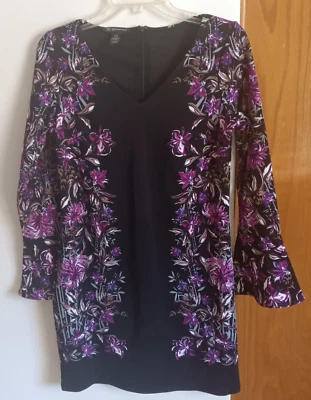 Inc Petites - Midi Dress Bell Sleeve Sheath Black Floral - Size PM - Image 1 of 3