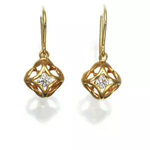 Earrings Diamond Solitaire Hook Flower 18K 750 Yellow Gold - Picture 1 of 5