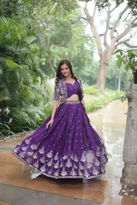 Partywear Purple Lehenga Choli Designer Lengha 3pc Wedding Lengha Choli coat set - Picture 1 of 10