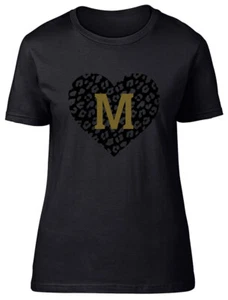 Personalised Leopard Print - Black Heart And Gold Text Fitted Womens T Shirt - Picture 1 of 8