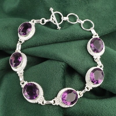 Oval Genuine Amethyst 925 Silver Engagement Elegant Unique Chain Wife Bracelet - Image 1 of 4