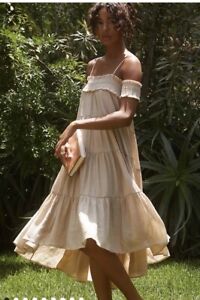 Anthropologie Sarah Hann Smocked Off-The-Shoulder Tiered Dress Tan NEW Size L