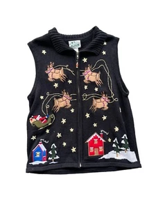 The Quacker Factory Santa Sled Christmas Home Tree Sweater Vest Medium Black - Picture 1 of 11