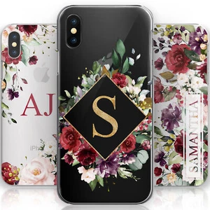 PERSONALISED INITIAL PHONE CASE FLOWERS ON CLEAR HARD COVER FOR SAMSUNG S10 S9 - Picture 1 of 10