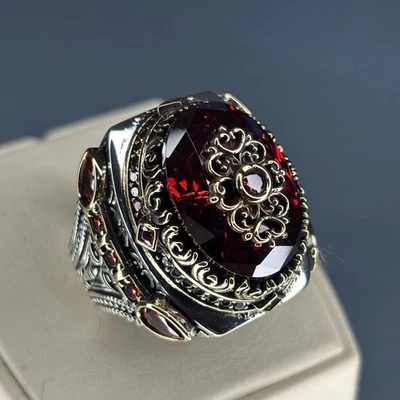 Handcrafted Ruby Sterling Silver Men's Ring, Ottoman Design - Image 1 of 4