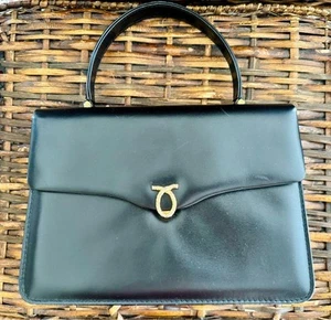Launer London Traviata Shoulder Bag Black Calf Leather Gold Logo Top Handle - Picture 1 of 16