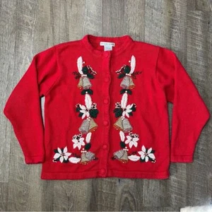 Vintage 90er Weihnachten Strick Cardigan Pullover Glocken Blumen Damen Größe M - Bild 1 von 4