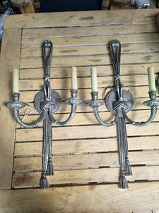 Apliques de pared de latón macizo estilo Luis XVI francés cinta nudo borla vintage España - Imagen 1 de 11