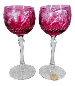 Golden Crown E&R Western Germany Cut to Clear Crystal Cranberry Goblet - 7 1/2" - Picture 1 of 12