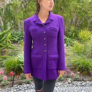 CHANEL Vintage 1995 Fall Winter 95A Wool Purple Gold Button Blazer - US 8 - Picture 1 of 12