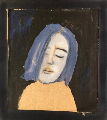 Retrato Forastero Original Pintura Azul Arte Primitivo Ingenuo Mujer Meditando Foto 1 de 4