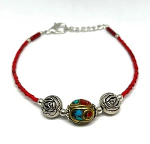 Vintage rote Koralle Edelstein Tibetisch 925 Silber Armband Schmuck 7,5 Zoll verstellbar - Bild 1 von 4