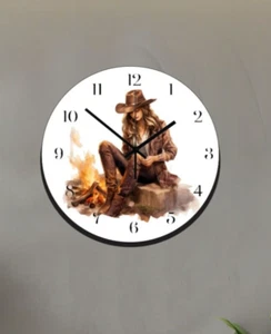 A Cowgirl and Her Campfire Rasting Wall Hanging Wall Clock Time Piece - Picture 1 of 2