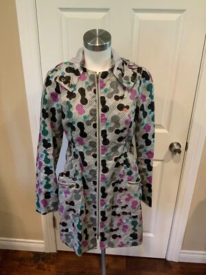 Nick & Mo Anthro Gray Multicolor Polka Dot 100% Linen Hooded Trench Coat, Size S - Image 1 of 4