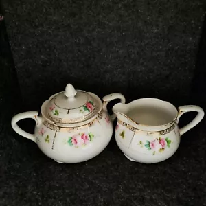 JUEGO AZUCARERO Y CREMA VINTAGE PINTADO A MANO NIPÓN DOBLE MANGO ROSA FLORAL - Imagen 1 de 12