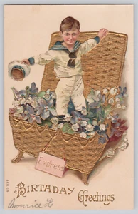 Postcard Greetings Sailor Boy And Flowers On The Basket Birthday Embossed - Picture 1 of 3