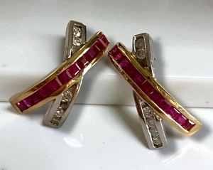 BEAUTIFUL Estate 14k Two Tone Gold Ruby and Diamond “X” Design Pierced Earrings! - Picture 1 of 20