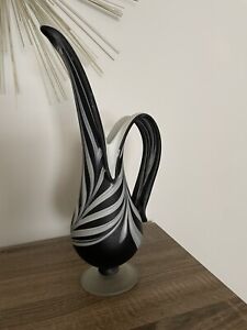 Vintage E Zareh Baijan Glass 14” Swung Vase Pitcher Black White Halloween Decor