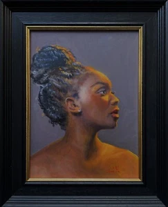 Contemporary modern portrait young black woman oil painting, framed. - Picture 1 of 5