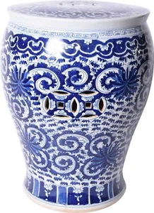 Stool Twisted Lotus Flower Backless Drum White Blue Ceramic Handmade - Picture 1 of 5