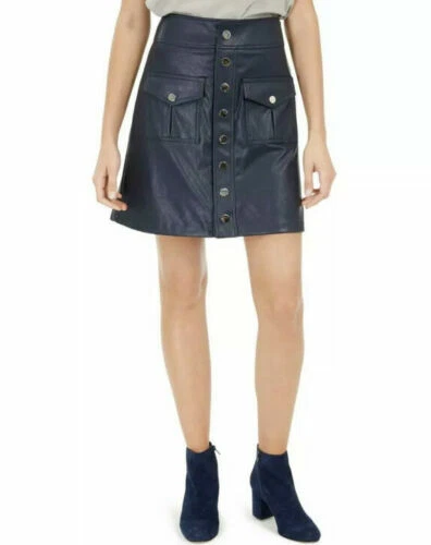 Mini falda de tiro medio de cuero sintético azul marino INC para mujer 2 botones delanteros nueva con etiquetas Foto 1 de 1