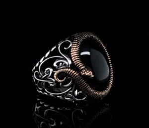 Men's Onyx Ring, Snake Symbol Black Gemstone Ring, mens gold ring - Picture 1 of 6