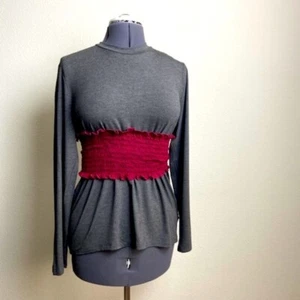 SIMLU 10-12 Charcoal Burgundy Ladys Long Sleeve Smocked Waist Soft Modal Tshirt - Picture 1 of 4