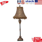33in Antique Style Brass Buffet Lamp W/Brown Fabric Shade Tassels & Leaf Pattern