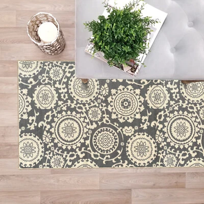 Custom Size Stair Hallway Runner Rug Rubber Back Non Slip Grey Floral Medallion - Image 1 of 4