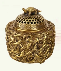 antique Bronze Crane Longevity Turtle Fengshui Incense Burner Censer Marked Seal - Picture 1 of 6