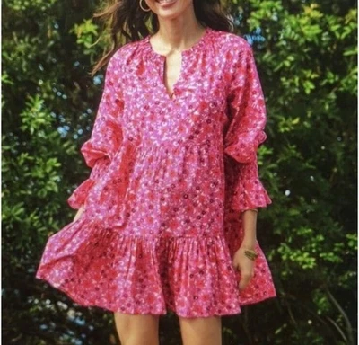 Figue Bella Tunic Mini dress Women’s Small Pink Floral Print Ruffle Hem Cotton - Image 1 of 4