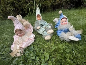 Vtg 1950’s Set Of 3 Pixie Jester Dolls Shelf/Bed Sitters Satin, Tulle, Pose-able - Picture 1 of 20
