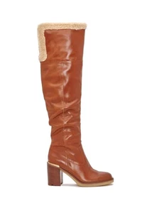VINCE CAMUTO GAMBREL WARM CARAMEL PULL-ON BLOCK HEEL FUR OVER KNEE BOOT 8.5 POC - Picture 1 of 22