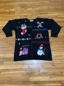 Vintage Victoria Jones Womens Christmas Sweater Plus Sz 1X Black Embroidered - Picture 1 of 7