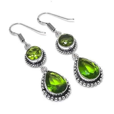 Green Peridot Gemstone Handmade 925 Sterling Silver Jewelry Earring Size 2" - Image 1 of 2