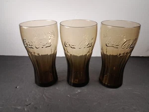VINTAGE SMOKED BROWN MCDONALDS COCA COLA GLASSES SET OF 3 - Picture 1 of 4