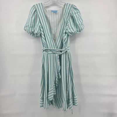 Draper James RSVP надежном платье маленький Aqua синий в полоску Puff рукав - Изображение 1 из 4