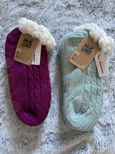 Muk Luks Short Cabin Socks - dk pink shimmer & mint green -2-Pack Size S/M NEW! - Picture 1 of 3