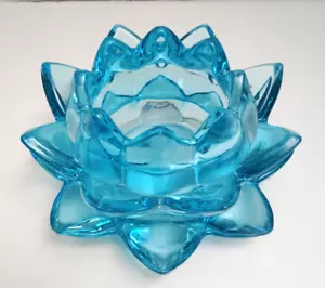 Shannon cristallo blu fiore di loto 6 x 2,5” pollici portacandele votivo Buddah - Foto 1 di 4