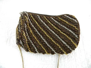 Vintage Abendtasche WALBORG Perlen gold, silber, braun mit Metallriemen, Reißverschluss - Bild 1 von 5