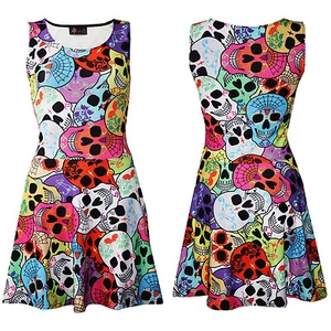 Ladies Cute Gothic Multi Sugar Candy Skulls Web Sleeveless Skater Flared Dress - Picture 1 of 3
