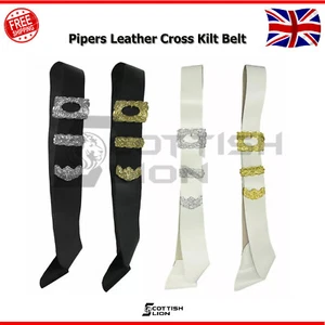 Piper's Leather Cross Belt with Thistle Buckle – Chrome & Gold Adjustable - Picture 1 of 9