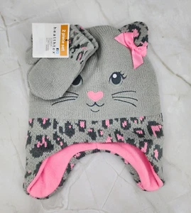 Healthtex Girls Leopard Pattern Print Kitty Cat Hat Mitten Set 2T-5T New - Picture 1 of 6
