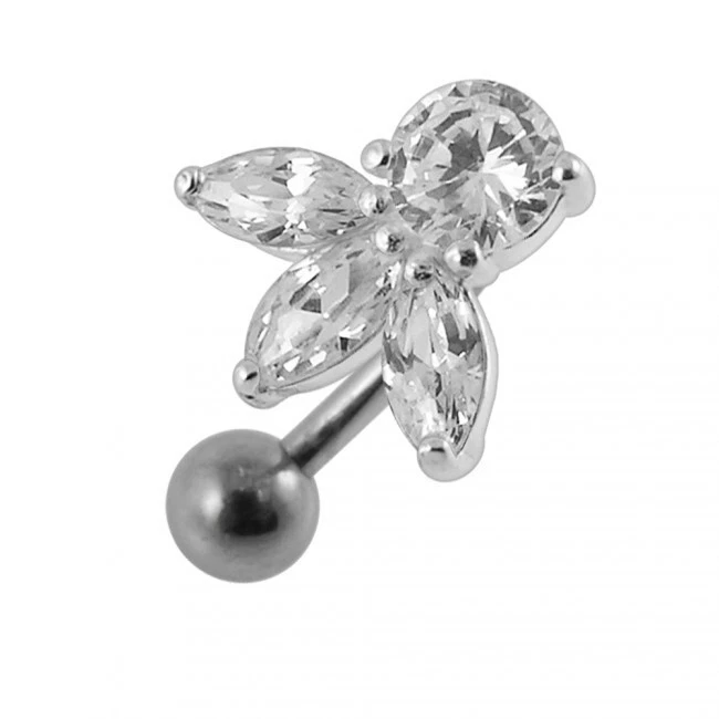 Sterling Silver Belly Bar Small Clear Crystal Petals Reverse Navel Ring - Image 1 of 1