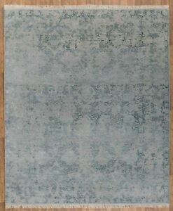8x10 Erased Modern Rug Silver hanspun Wool with Teal Bamboo Silk  R-3181