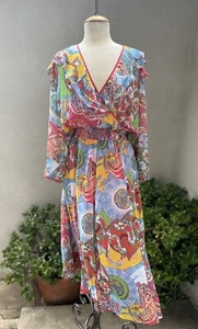 Vtg Diane Freis Chiffon Dress Floral Colorful Print Sz M Ruffles - Picture 1 of 12
