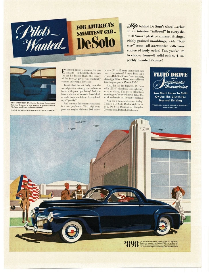 De Soto De Luxe 1941 azul oscuro cupé de 2 puertas aeródromo militar anuncio impreso vintage Foto 1 de 1