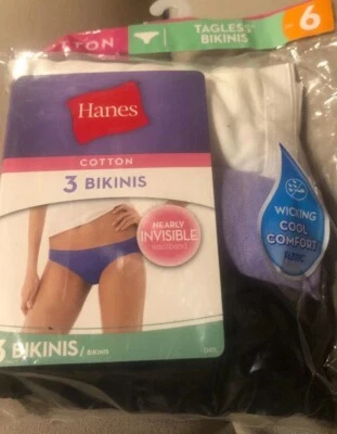 HANES WOMEN'S 3 PACK Tagless Cotton SIZE 6 Bikini White PurpleBlack NIP - Image 1 of 4