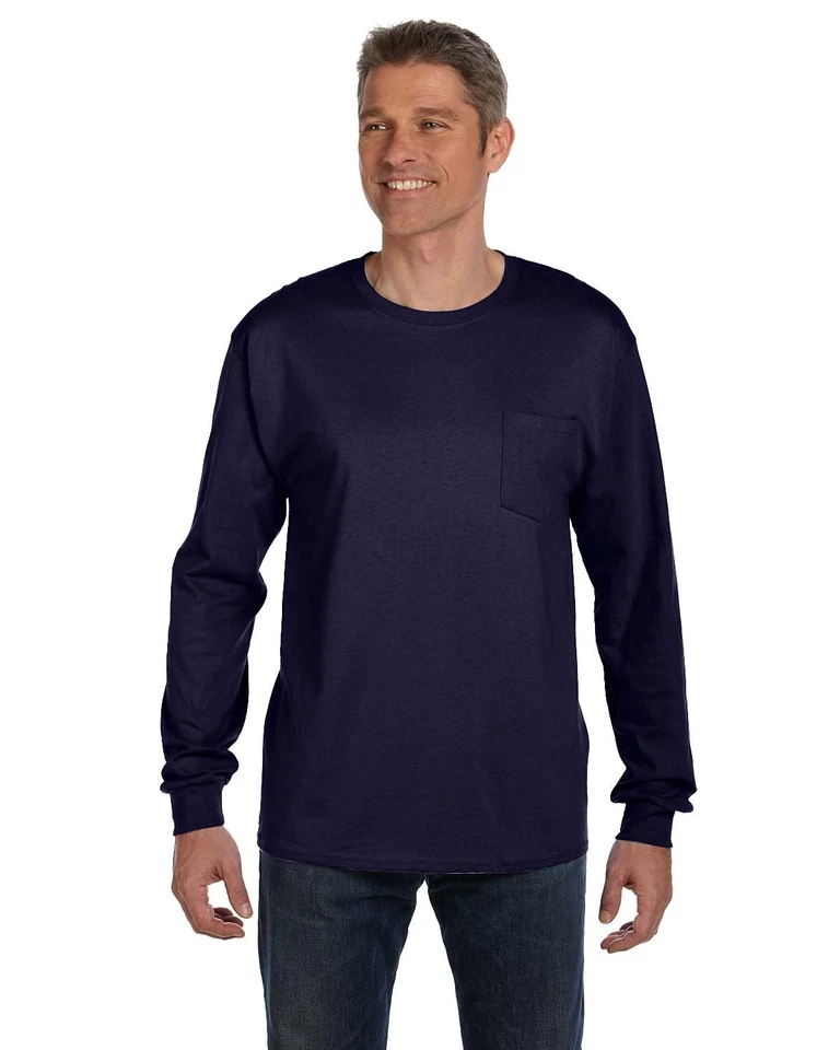 Hanes 6.1 oz Heavy Tagless 100 Cotton Long Sleeve Pocket S-XL T-Shirt R5596 L Navy
